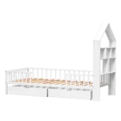 Merax Kinderbett 90x200cm Massivholz Einzelbett Mit Schubladen Und Lattenrost, Hausbett Mit Bücherregal Ablage Rausfallschutz, Weiß -Babyfreude Deutschland Verkaufs-Shop ebb58aca1afe8ceabf9e18cda44c5276