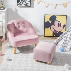 COSTWAY Kindersofa Mit Hocker, Kinderstuhl Mit Flügellehne, Kleines Sofa Für Kleinkinder 3-5 Jahre, Samt-Kindercouch Für Spielzimmer & Kinderzimmer, Kindersessel Mit Ottomane (Rosa)