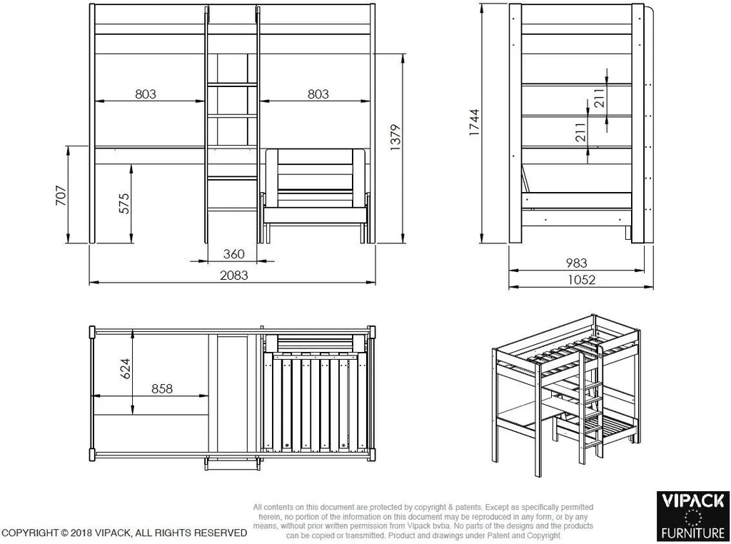 Vipack Hochbett Pino Mit Schreibplatte Und Sesselbett - Kiefer Massiv Weiß Lackiert, Maße: 208 Cm X 175 Cm X 206 Cm; PIOLZB14 15 Vipack Hochbett Pino Mit Schreibplatte Und Sesselbett - Kiefer Massiv Weiß Lackiert, Maße: 208 Cm X 175 Cm X 206 Cm; PIOLZB14 – Bild 15