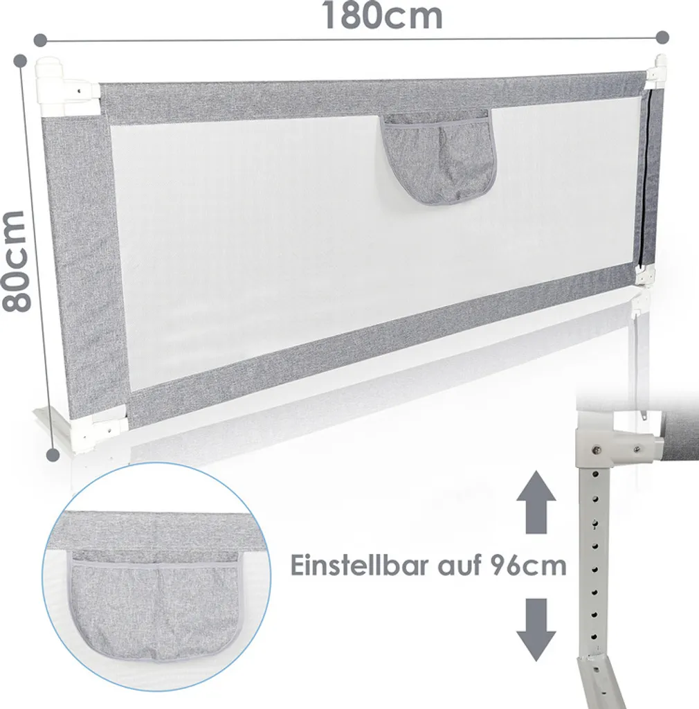 Lospitch Bettgitter 180*80 Cm Bettschutzgitter Kinderbettgitter Für Kinder Babybettgitter Höhenverstellbar Klappbar Passend Für Kinderbetten, Elternbetten Anti-Fall Für Baby Kinder - Grau Schutzgitter-Zubehör 2 Lospitch Bettgitter 180*80 Cm Bettschutzgitter Kinderbettgitter Für Kinder Babybettgitter Höhenverstellbar Klappbar Passend Für Kinderbetten, Elternbetten Anti-Fall Für Baby Kinder - Grau Schutzgitter-Zubehör – Bild 2