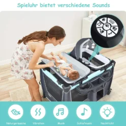 COSTWAY 4 In 1 Klappbares Reisebett & Wickeltisch & Laufstall & Babywiege Mit Schaukelfunktion, Inkl. Babykorb, Wickelauflage, Matratze, Spieluhr, Spielzeug, Aufbewahrungsregal Und Tragetasche Grau -Babyfreude Deutschland Verkaufs-Shop f69eed92187b2651a2c362ad9aef8fdc