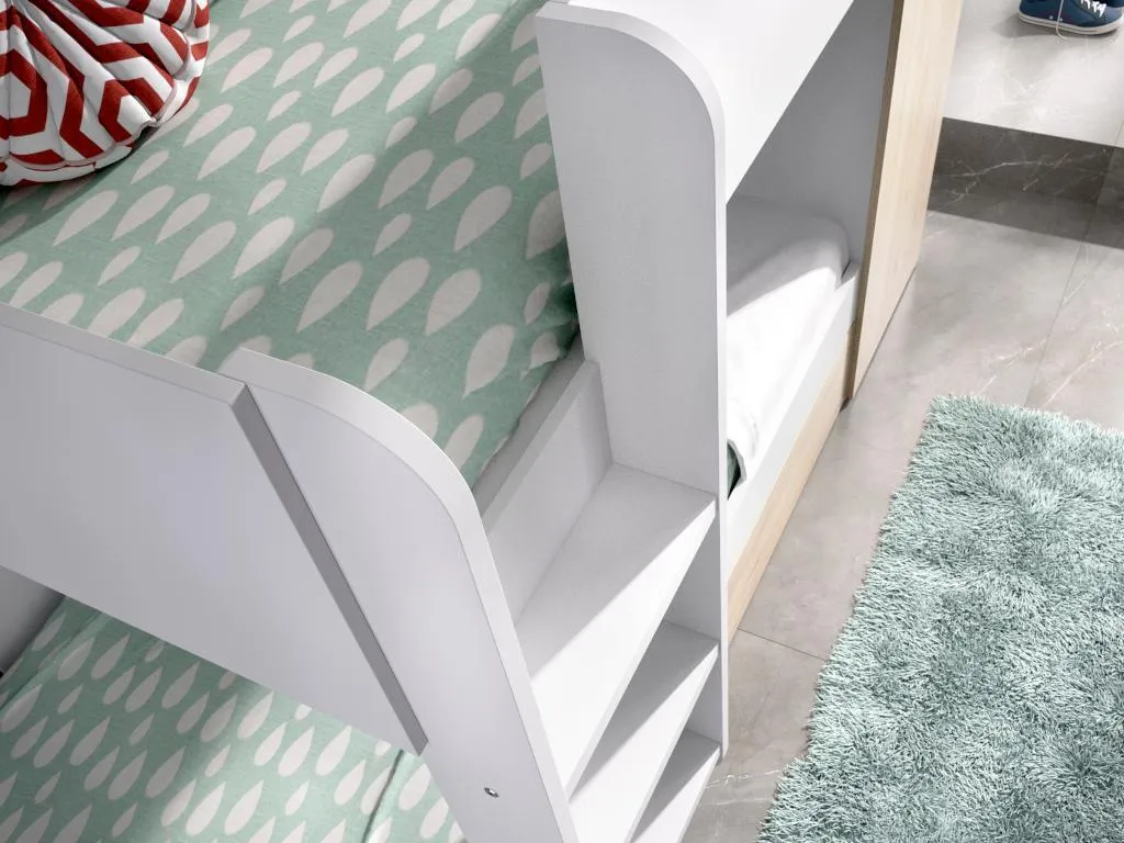 Etagenbett Ausziehbett Mit Stauraum + Matratzen - 3x 90 X 190 Cm - Weiß & Naturfarben - ANTHONY 1 Etagenbett Ausziehbett Mit Stauraum + Matratzen - 3x 90 X 190 Cm - Weiß & Naturfarben - ANTHONY