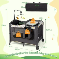 COSTWAY 4 In 1 Klappbares Reisebett & Beistellbett & Wickeltisch & Laufstall Rollbar, 2 Ebenen Babybett Inkl. Spielbogen, Matratze, Wickelauflage, Windelaufbewahrung Und Spieluhr (Hellgrau) -Babyfreude Deutschland Verkaufs-Shop f8462062eac3a5be4feef36340abb16b