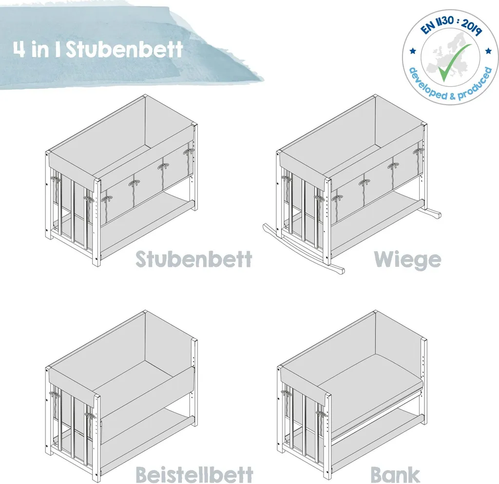 Roba Stubenbett 4 In 1, Beistellbett ‚Adam & Eule‘, Babybett, Wiege & Kinderbank, Weiß 6 Roba Stubenbett 4 In 1, Beistellbett ‚Adam & Eule‘, Babybett, Wiege & Kinderbank, Weiß – Bild 6
