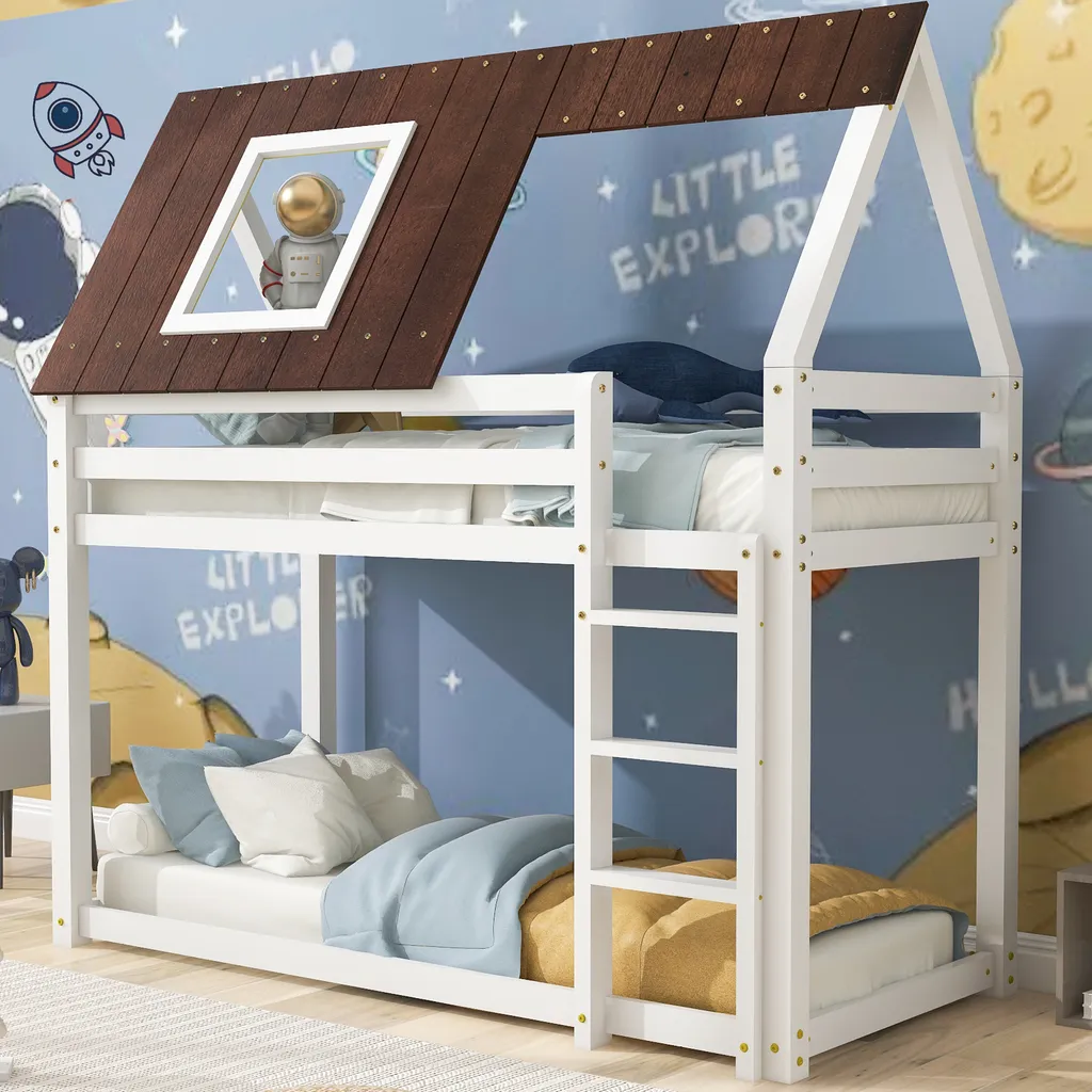 Merax Etagenbett Mit Rechtwinkliger Leiter Und Fallschutz, Dach Und Zäune, Kinderbett 90x200cm Stockbett Hausbett Aus Kiefer, Weiß Und Braun 1 Merax Etagenbett Mit Rechtwinkliger Leiter Und Fallschutz, Dach Und Zäune, Kinderbett 90x200cm Stockbett Hausbett Aus Kiefer, Weiß Und Braun