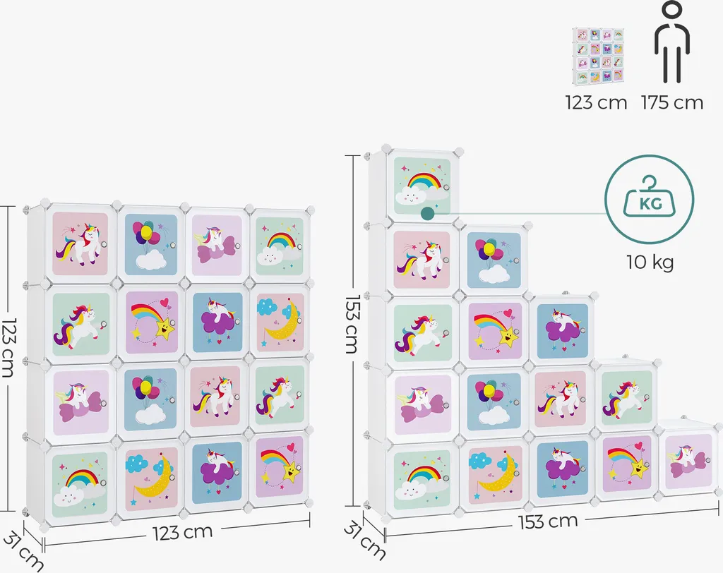 SONGMICS Kleiderschrank, Regalsystem Mit 16 Würfeln, Kinderregale, Chuhregal , Aufbewahrungsschrank Für Kinder, Aus Kunststoff, 123 X 31 X 123 Cm, Weiß LPC906W01 4 SONGMICS Kleiderschrank, Regalsystem Mit 16 Würfeln, Kinderregale, Chuhregal , Aufbewahrungsschrank Für Kinder, Aus Kunststoff, 123 X 31 X 123 Cm, Weiß LPC906W01 – Bild 4