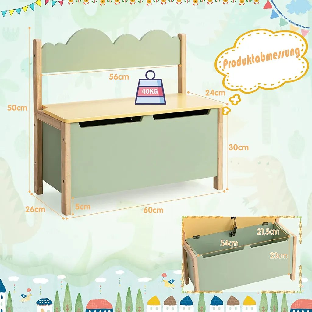 COSTWAY Spielzeugtruhe Mit Deckel, 2 In 1 Spielzeugschrank Und Sitzbank Mit Rücklehne, Mit Großem Stauraum Aus Holz, Spielzeugkiste Grün 60 X 26 X 50cm 6 COSTWAY Spielzeugtruhe Mit Deckel, 2 In 1 Spielzeugschrank Und Sitzbank Mit Rücklehne, Mit Großem Stauraum Aus Holz, Spielzeugkiste Grün 60 X 26 X 50cm – Bild 6