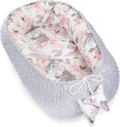 Warmes Nestchen Baby 90x50 Cm - Kuschelnest Neugeborene Nestchen Winter / Herbst Kokon Babynest Wilde Rose Grau